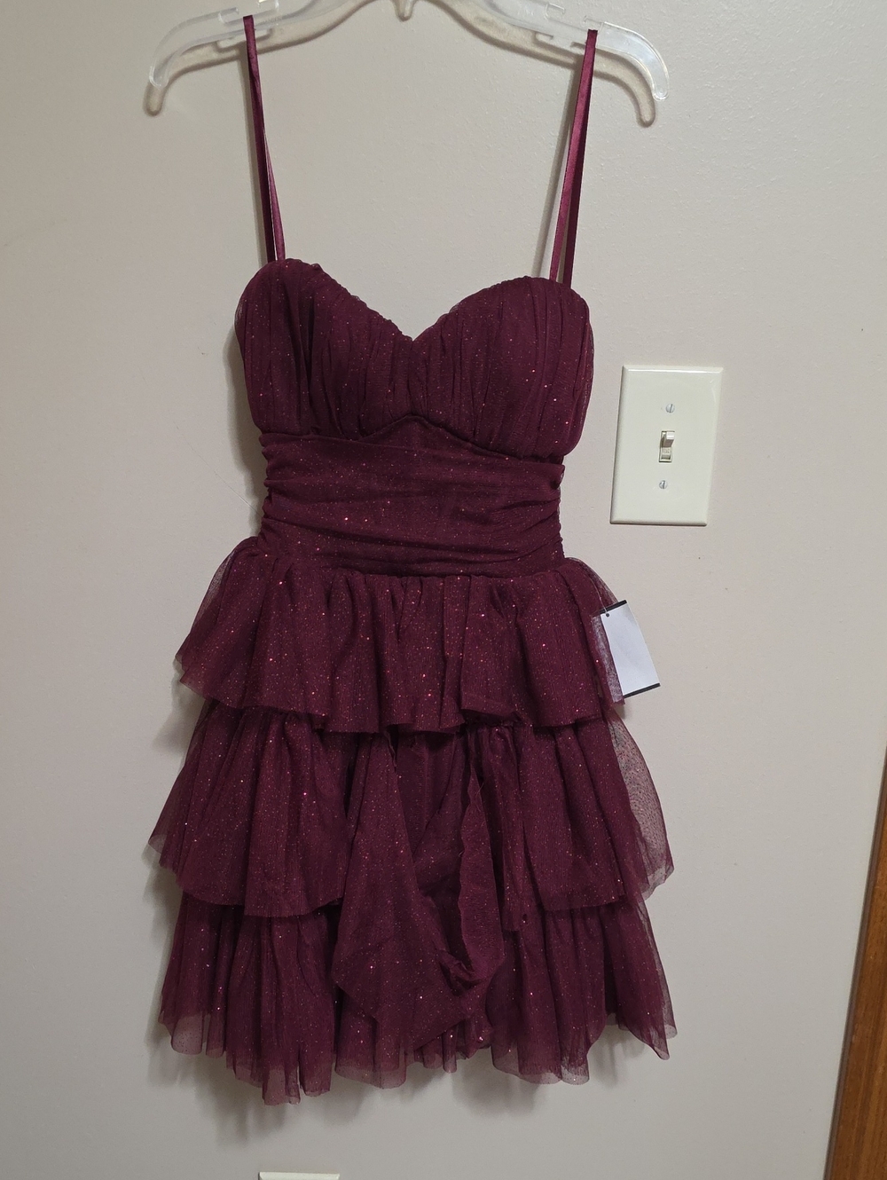 Sparkle Tiered Burgundy Party Dress with Spaghetti Straps